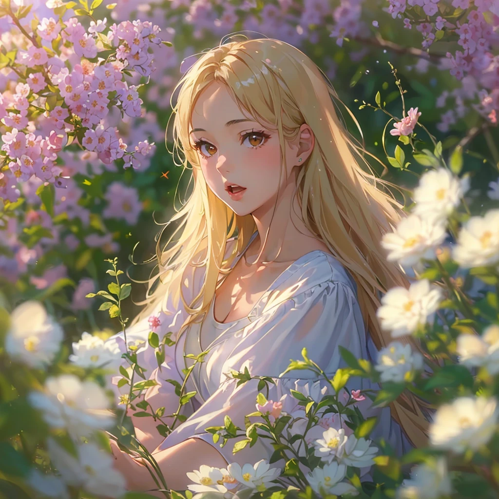 ((Best Quality, 8K, Masterpiece:1.3)), 1girl, lovely angel, flaxen hair, cherry-lipped beauty, sit on the flowering alfalfa, Singing With the lark, in the early morning , in the clear summer sun, (depth of field:1.3)