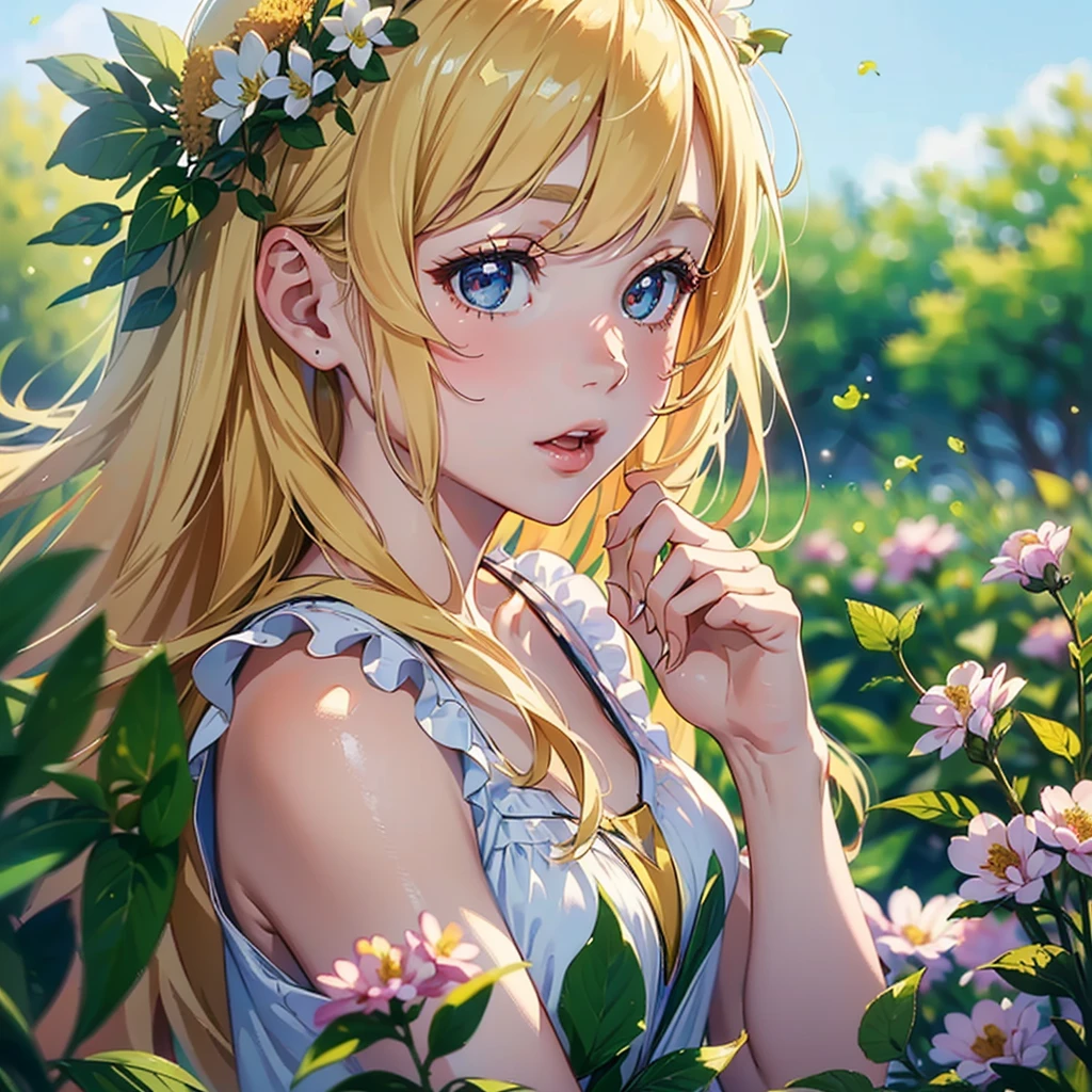 ((Best Quality, 8K, Masterpiece:1.3)), 1girl, lovely angel, flaxen hair, cherry-lipped beauty, sit on the flowering alfalfa, Singing With the lark, in the early morning , in the clear summer sun, (depth of field:1.3)