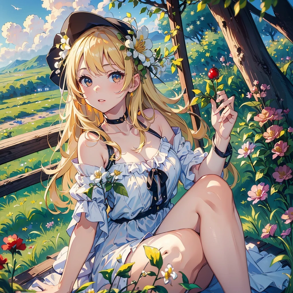 ((Best Quality, 8K, Masterpiece:1.3)), 1girl, lovely angel, flaxen hair, cherry-lipped beauty, sit on the flowering alfalfa, Singing With the lark, in the early morning , in the clear summer sun, (depth of field:1.3)