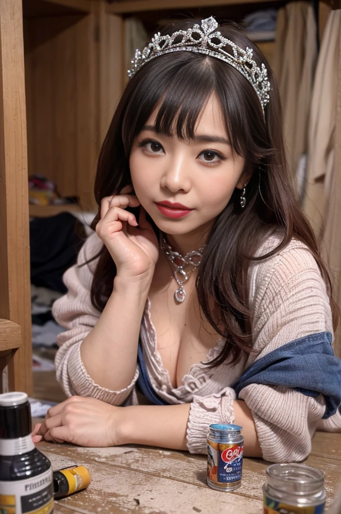 ((top-quality、8k、masterpiece:1.3))、Photorealsitic, foco nítido, high-level image quality, hight resolution, Portrait, solo, japanes, Middle-aged woman, Beautie, huge udder, 43 yeas old, Plump, wavy hair, Wrinkles at the corners of the eyes, ((Show panties:1.5)), wearing bright red lipstick、Wearing large earrings、wearing a beautiful tiara、wearing a colorful necklace、Wearing a collar、Calling on a smartphone、 Slum house, (Jumbled background, messy room:1.3), Lots of anime posters, Lots of colorful toys, Messy floor
