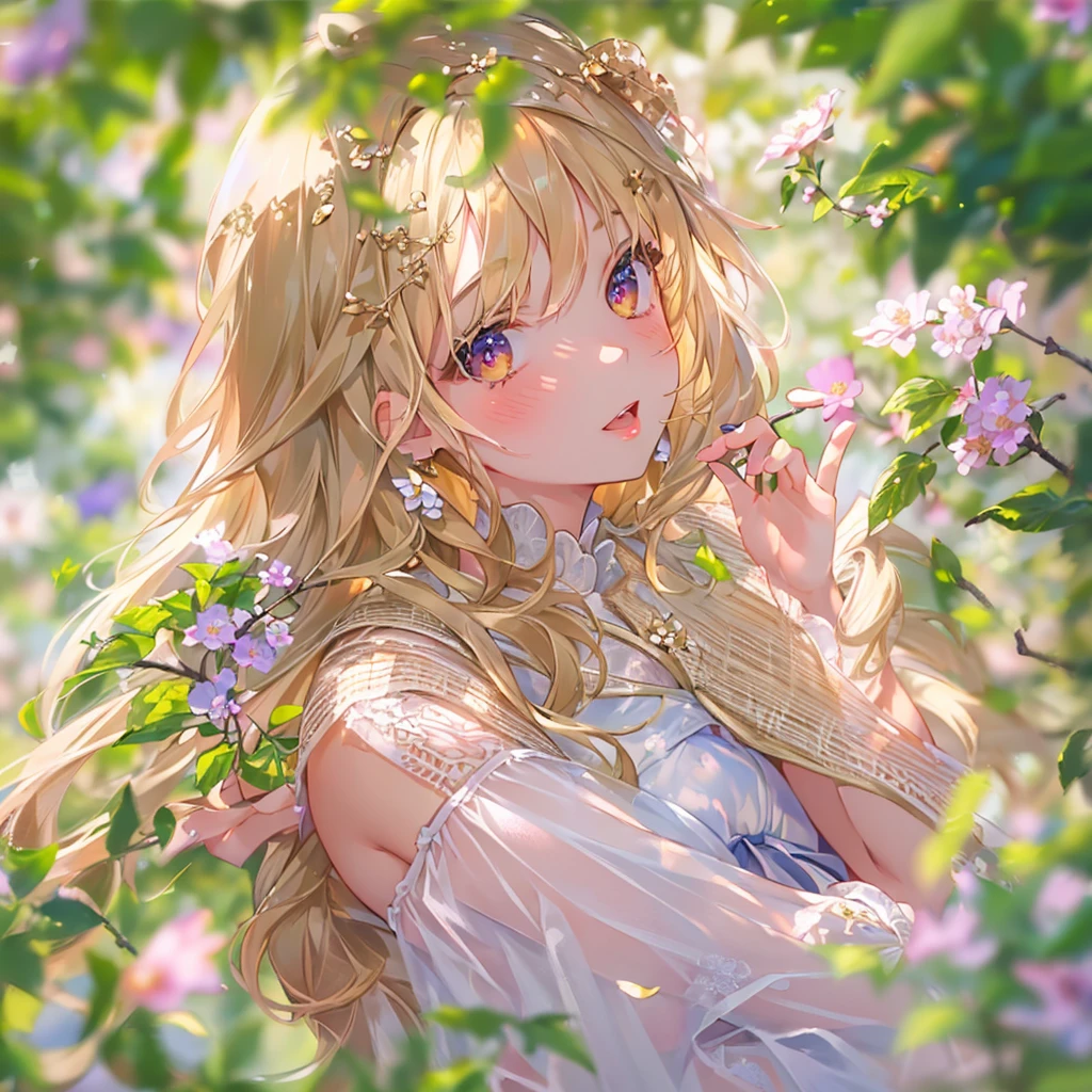 ((Best Quality, 8K, Masterpiece:1.3)), 1girl, lovely angel, flaxen hair, cherry-lipped beauty, sit on the flowering alfalfa, Singing With the lark, in the early morning , in the clear summer sun, (depth of field:1.3)