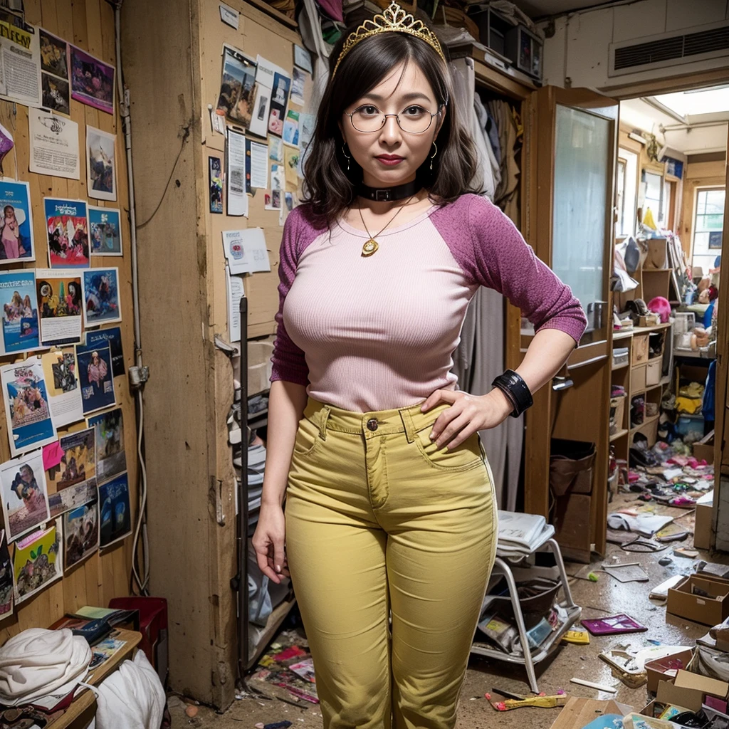 ((top-quality、8k、masterpiece:1.3))、Photorealsitic, foco nítido, high-level image quality, hight resolution, Portrait, solo, Strong light from the front, japanes, Middle-aged woman, Beautie, Brown hair, large udder, 43 yeas old, the body is lean, wavy hair, Wrinkles at the corners of the eyes, ((Show your pants to the camera:1.5)), is standing, wearing red lipstick、wearing gold eyeshadow、Wearing large earrings、wearing a beautiful tiara、wearing a colorful necklace、Wearing a collar、taking a photo of yourself with a smartphone、Wearing glasses、 wearing flashy stiletto heels、Slum house, (Jumbled background, messy room:1.3), dirty wall、There are many anime posters and photos., Lots of colorful toys, On a messy floor
