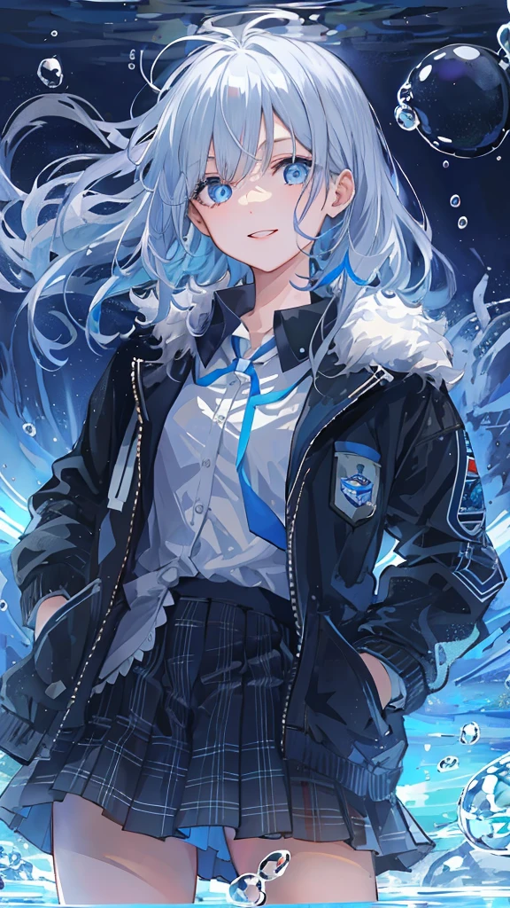 ((top-quality)), ((​masterpiece)), ((ultra-detailliert)), (Extremely delicate and beautiful), girl with, 独奏, cold attitude,((Black jacket)),She is very(relax)with  the(Settled down)Looks,depth of fields,Evil smile,Bubble, under the water, Air bubble,Underwater world bright light blue eyes,inner color with bright gray hair and light blue tips,,,,,,,,,,,,,,,Cold background,Bob Hair - Linear Art, shortpants、knee high socks、White uniform like school uniform、Light blue ribbon ties、Clothes are sheer、Hands in pockets、Bright eyes like sapphire,Fronllesse Blue, A small blue light was floating、fantastic eyes、selfy,Self-shot