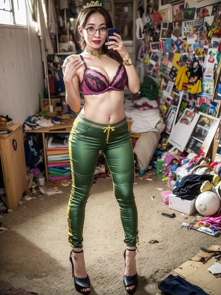 ((top-quality、8k、masterpiece:1.3))、Photorealsitic, foco nítido, high-level image quality, hight resolution, Portrait, ((Clothing is only bra and panties:1.5)),japanes, A beautiful middle-aged woman, a blond, large udder, 52yo,body is thin, There are wrinkles at the corners of the eyes, ((Show your pants to the camera:1.2)), On the floor littered with adult toys, Standing in a cute pose, wearing red lipstick、wearing gold eyeshadow、Wearing large earrings、wearing a beautiful tiara、wearing a colorful collar、Wearing beautiful bangles and rings, taking a photo of yourself with a smartphone、Wearing glasses、 wearing flashy stiletto heels、Slum house, (Jumbled background, messy room:1.6), dirty wall、There are flashy anime posters and photos., Many colorful toys are scattered around