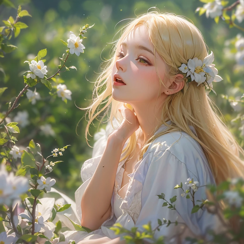 ((Best Quality, 8K, Masterpiece:1.3)), 1girl, lovely angel, flaxen hair, cherry-lipped beauty, sit on the flowering alfalfa, Singing With the lark, in the early morning , in the clear summer sun, (depth of field:1.3)