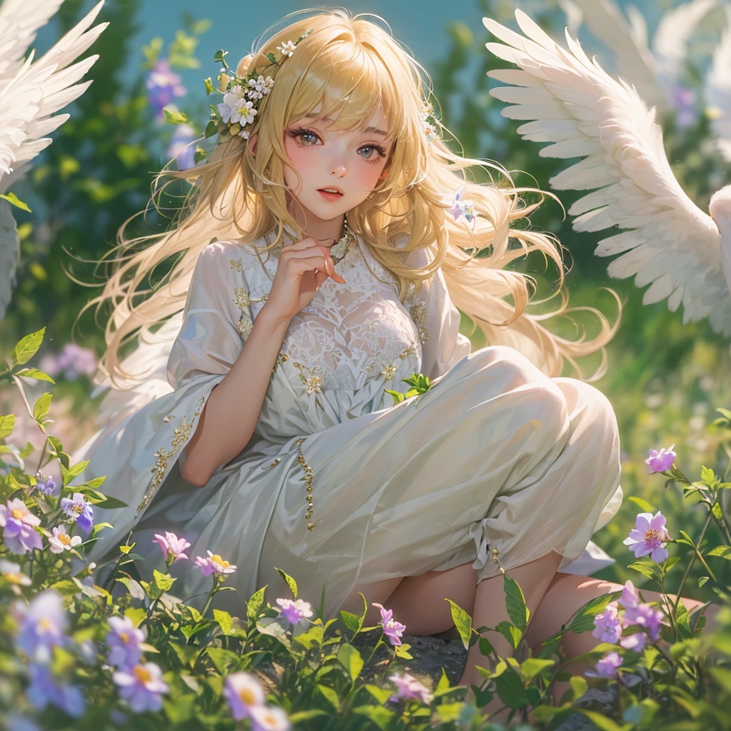 ((Best Quality, 8K, Masterpiece:1.3)), 1girl, lovely angel, flaxen hair, cherry-lipped beauty, sit on the flowering alfalfa, Singing With the lark, in the early morning , in the clear summer sun, (depth of field:1.3)