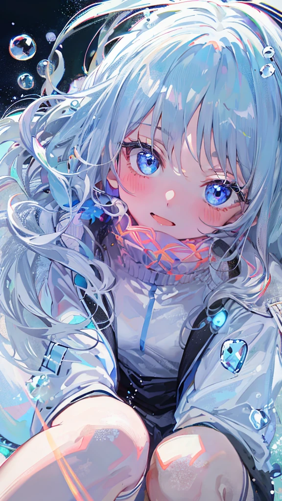 ((top-quality)), ((masterpiece)), ((ultra-detailliert)), (Extremely delicate and beautiful), girl with, 独奏, cold attitude,((Black jacket)),She is very(relax)with the(Settled down)Looks,depth of fields,Evil smile,Bubble, under the water, Air bubble,Underwater world bright light blue eyes,inner color with bright gray hair and light blue tips,,,,,,,,,,,,,,,,Cold background,Bob Hair - Linear Art, shortpants、knee high socks、White uniform like school uniform、Light blue ribbon ties、Clothes are sheer、Hands in pockets、Bright eyes like sapphire,Fronllesse Blue, A small blue light was floating、fantastic eyes、selfy,Self-shot