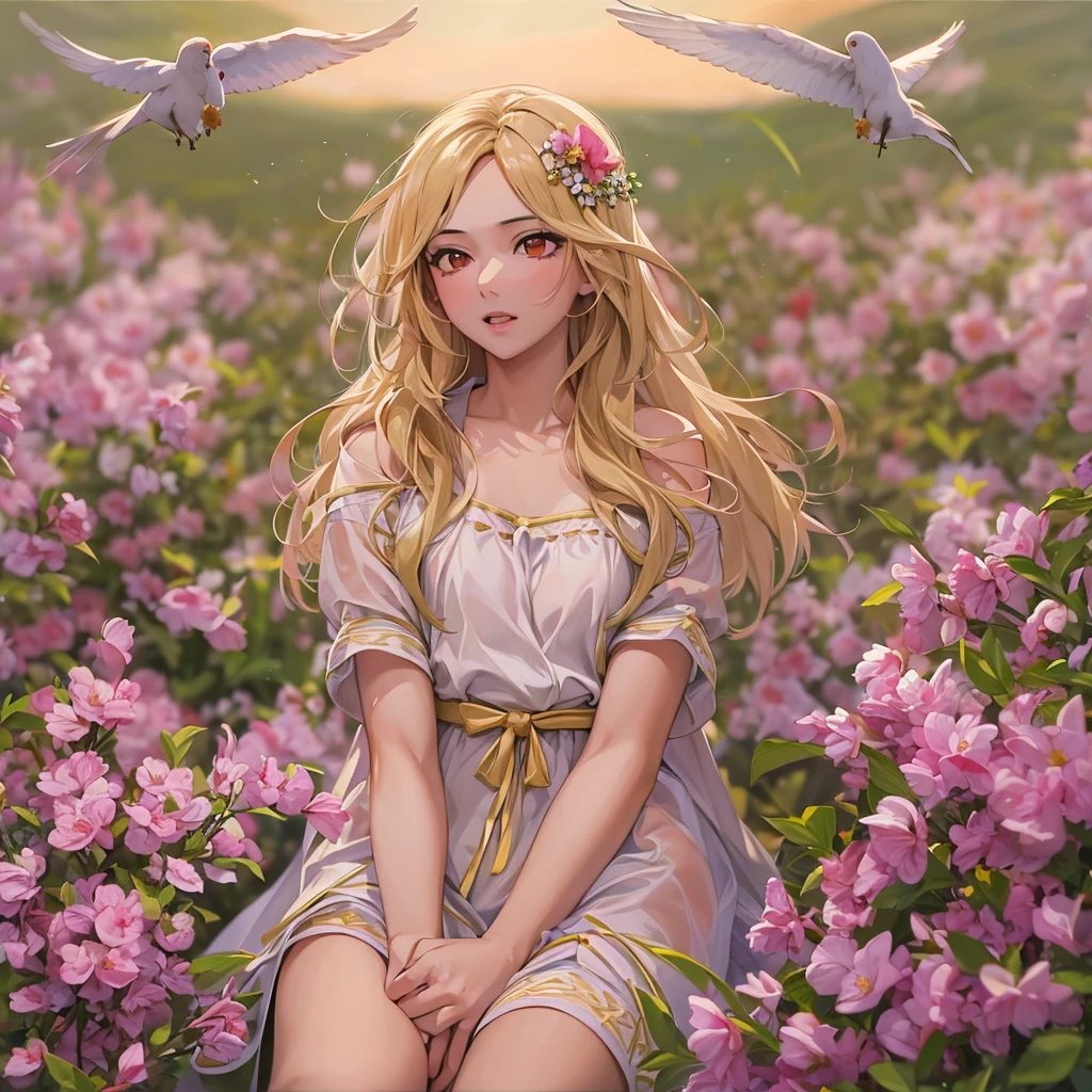 ((Best Quality, 8K, Masterpiece:1.3)), 1girl, lovely angel, flaxen hair, cherry-lipped beauty, sit on the flowering alfalfa, Singing With the lark, in the early morning , in the clear summer sun, (depth of field:1.3), BREAK perfect anatomy, perfect hands, perfect fingers, perfect arms, perfect legs