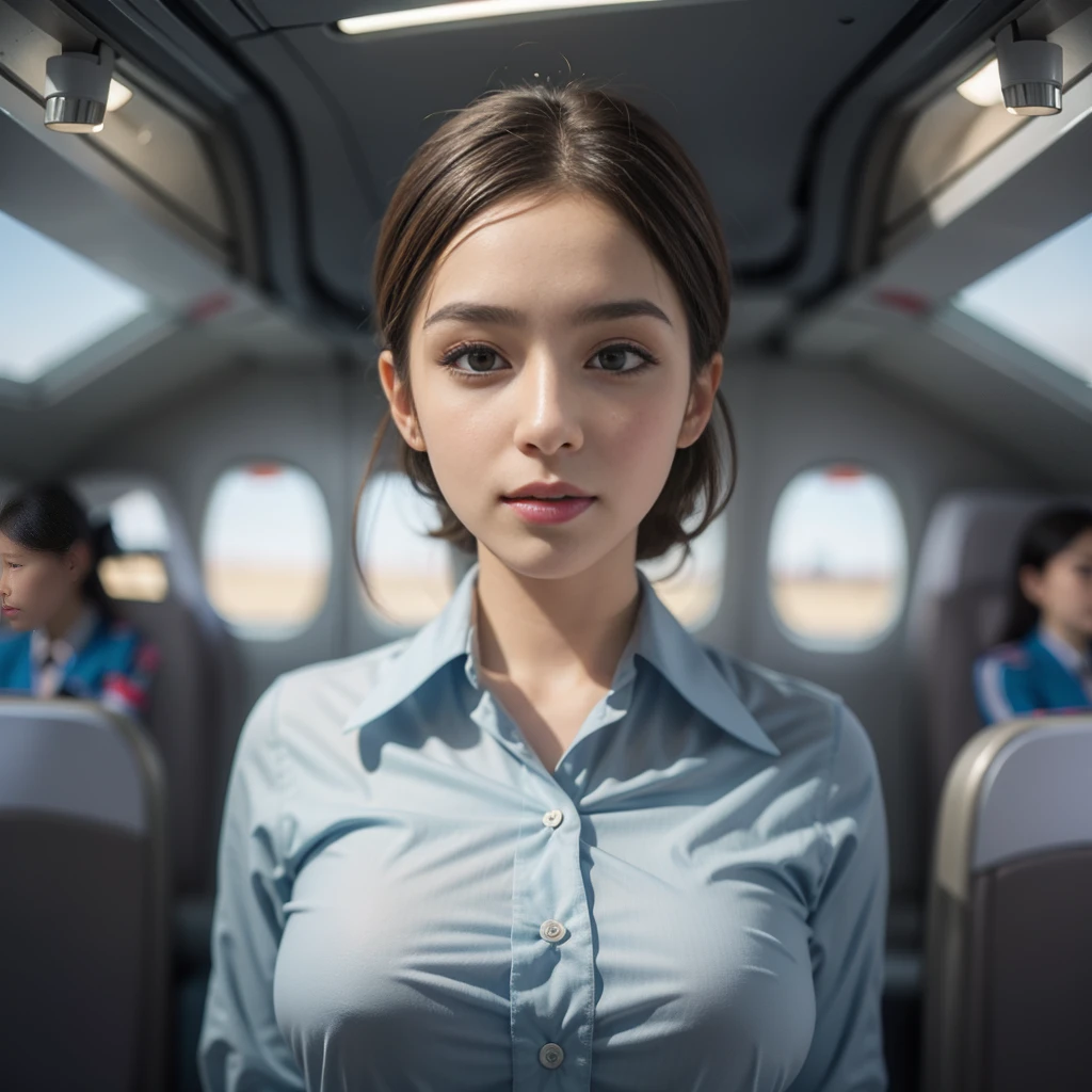air stewardess uniform, downblouse, looking at viewer, eye contact, airplane interior, pov, leaning forward, nipples