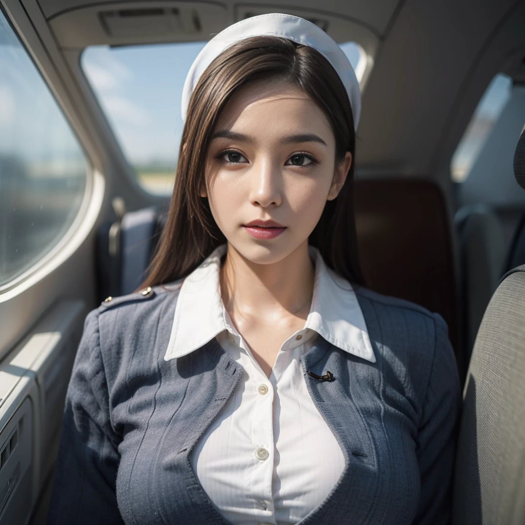 air stewardess uniform, downblouse, looking at viewer, eye contact, airplane interior, pov, leaning forward, nipples