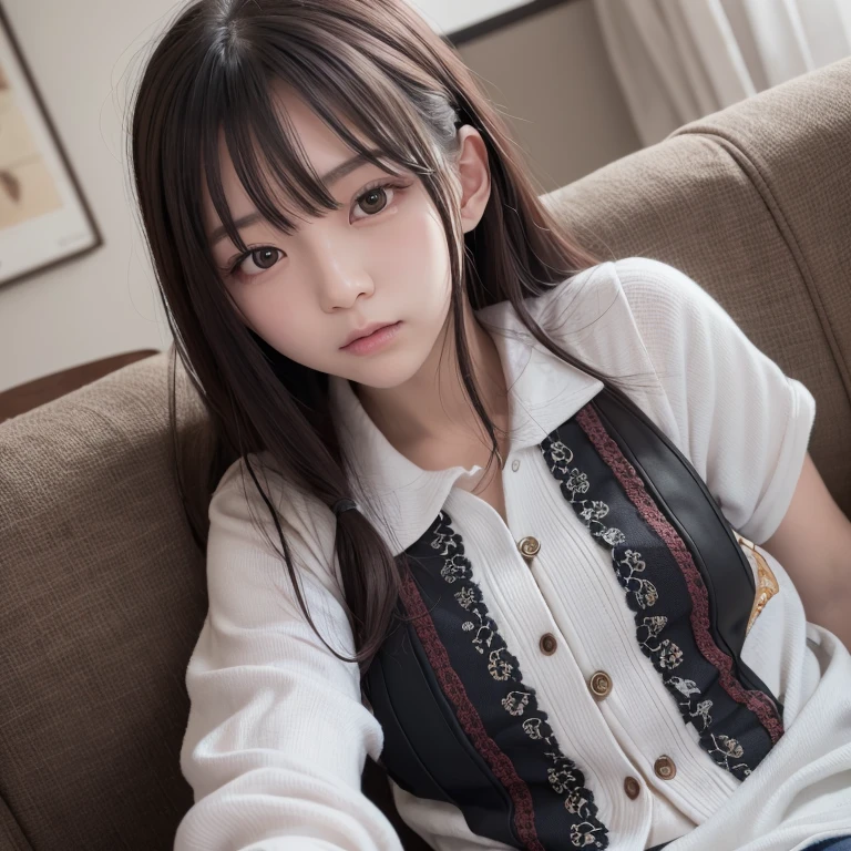 detailed face, cute face,brown eye, master piece , best quality , (girl) , japanese , (sleeping on one's side) , from front , blouse , skirt