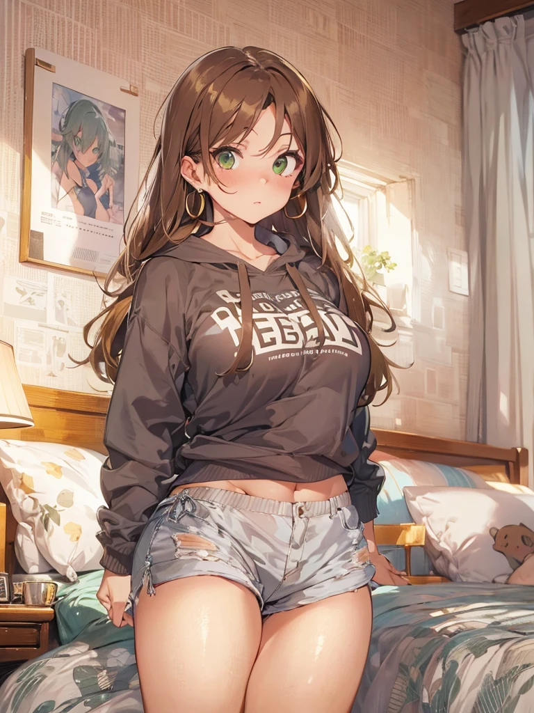 Masterpiece, 8k quality, extremely detailed, one girl, mature female, beautiful woman with brown hair and green eyes, wearing a sweatshirt, short shorts with bikini, thick thighs, medium boobs, gold earrings, perfect belly, bedroom background