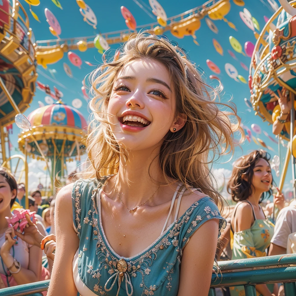 (A happy woman in a theme park), (looking at viewer:1.4), (koh_amberheard:1.3), The woman has beautiful detailed eyes, beautiful detailed lips, an extremely detailed face, and long eyelashes. enjoying the rides and attractions. (bright and colorful illustrations, vibrant colors), masterpiece, (best quality, highres, ultra-detailed), 8k, (woman with a big smile on her face), (beautiful detailed eyes, bright sparkling eyes), (long eyelashes), (beautiful detailed lips), (excited expression), (wearing a cute summer dress), {surrounded by roller coasters and Ferris wheels}, {people laughing and playing in the background}, (colorful balloons floating in the air), (clear blue sky), (feeling the thrill and excitement of the park), (joyful atmosphere), (lively and energetic), (summers vibes), (filled with happiness and laughter), (brightly lit signs and decorations), (sparkling carousel), (exciting roller coasters), (playful water fountains), {fun carnival games}, {adventurous spirit}, memorable moments of joy and fun. (edgQuality:1.2), (antiBlurV2), CR1.3