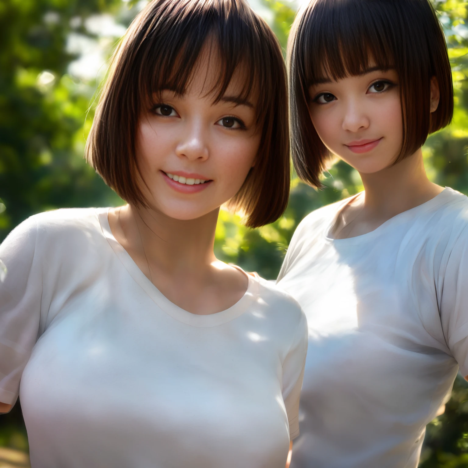 of the highest quality, masutepiece, Ultra high definition, (Photorealistic: 1.4), (Look off: 1.4), Don't look at the camera, Raw photo, One girl, Dark hair, (Straight Bob: 1.4), (Patsun: 1.4), Bangs, Smile, Glossy skin, Dramatic Lighting, neat, T-shirt, White summer sweater, (Big: 0.9), a park