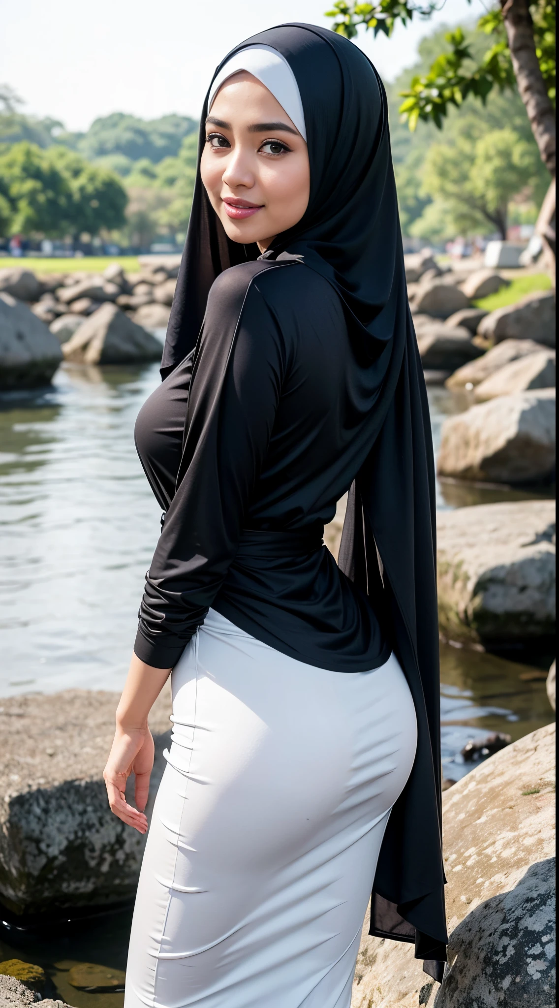 1 Malay girl, modern plain hijab, shy, medium portrait, watery eyes, RAW, Best quality, high resolution, masterpiece: 1.3), beautiful Malay woman in hijab (iu:0.8),big breast, perfect nose,perfect lips, perfect eyes, detail :1.2), soft smile, woman standing on rocky river bank with black and white striped top, thin waist and thick hips, beautiful malay woman, casual pose, beautiful face with arms and legs, wearing elegant casual clothes, attractive clothes, wearing beautiful baju kurung clothes, cute beauty ,back, beautiful buttocks, beautiful buttocks, from behind, (looking at the audience, looking back, facial details, double eyelids, smiling)