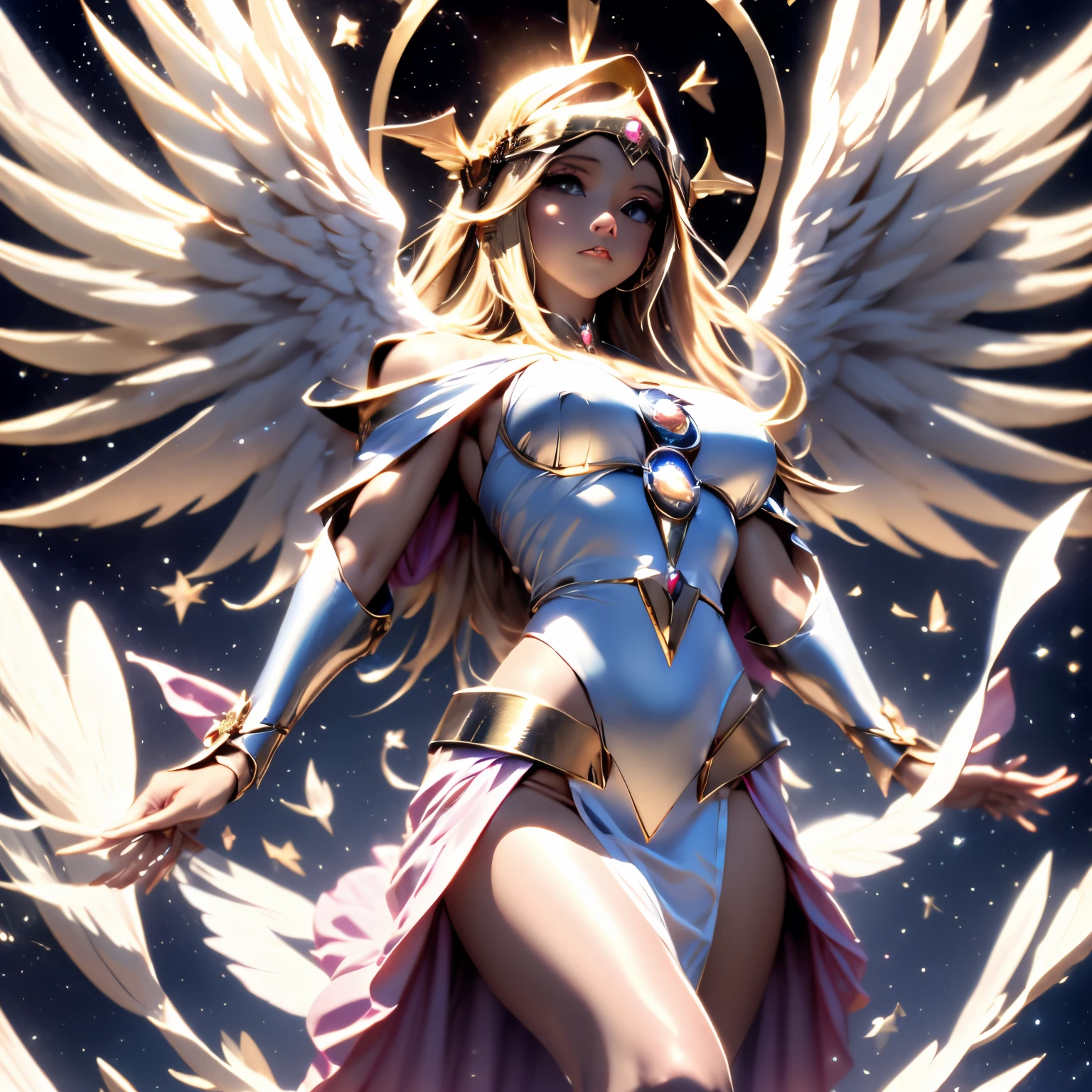 Dark magician girl as an 8-winged angel with a dazzling halo above the angel&#39;cabeza, y el fondo de la imagen es el cielo. dark wizard angel. arte celestiales. ultra detallado. photographic quality.