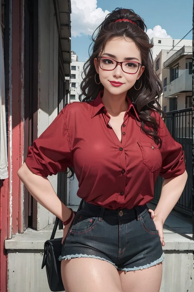 (masterpiece, best quality), 1girl, tall latina, narrow waist, burgundy high ponytail, wavy hair (medium), brown eyes, red glasses, top heavy, red lace blouse, button up, black denim shorts, big breasts, red lips, smirking, hands on hips, outdoors, city streets LA, cowboy shot, warm lighting