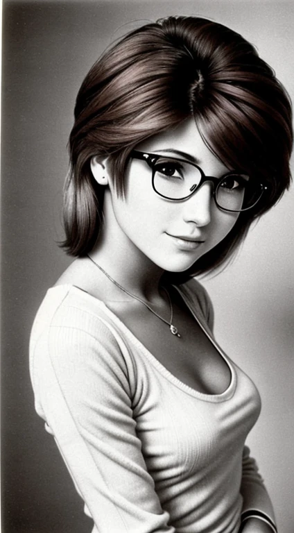 Realistic monochrome photography in 80s style..., tmasterpiece, Soviet photography, Film grain, photo paper texture; Sweet beautiful Russian brown eyed virgin 30 years old, beautiful detailed round face, Large shiny realistic dark brown eyes, glasses with lenses, Cute little wide nose, sweet cheerful smile, Parted sensual plump lips, plump cheeks, Round chin, suntanned skin, aesthetic completeness, slightly wavy medium length brown hair with scarlet streaks (80s punk hairstyle), Very small stature, Realistic !!!extremely small breasts!!!, aesthetic completeness, beautiful trained body, oversized fluffy sweater, long wool knee socks, (full - body, including legs), modest standing pose; Realistic texture of human skin (pores, Mimic folds, wrinkles), Monochrome image