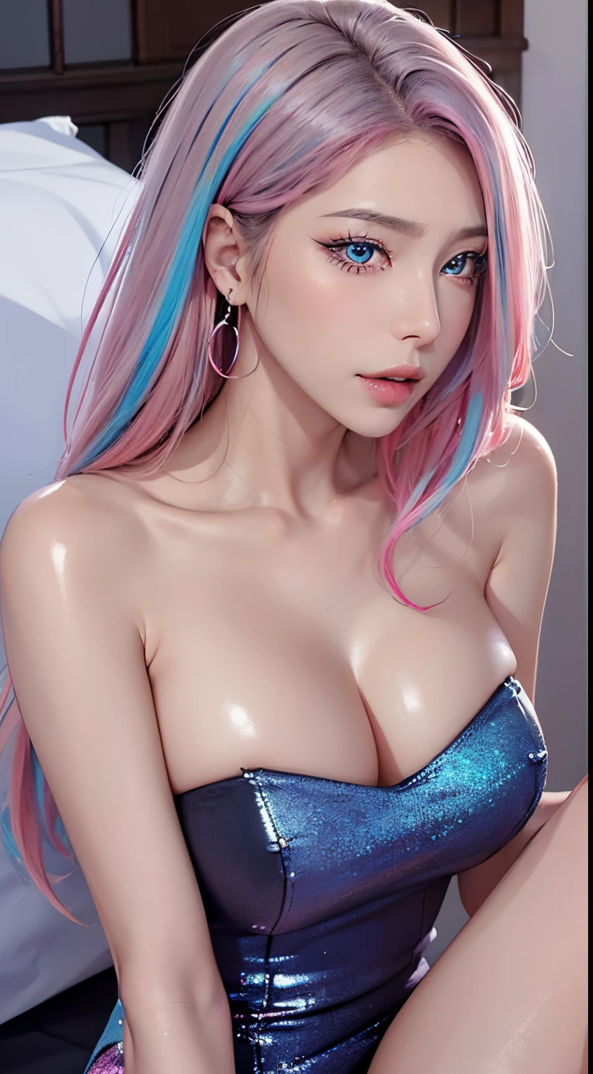 (Cinematic Digital Artwork: 1.3), High quality, masutepiece, of the highest quality, Super Detail, Illustration, [4K Digital Art]、 lndswgnr, (Sharp Focus: 1.5), (Moody lighting:1.2), depth of fields, Bokeh, 4K 、High resolution, ultra-detailliert, the Extremely Detailed CG Unity 8K Wallpapers, Realistic, Photorealsitic, Raw photo, beautifull detailed face, pale skin, realistic glistening skin, Detailed Cloth Texture, detailed hair texture, Perfect body, Beautiful face, acurate, Anatomically correct, Highly detailed face, Eye and skin texture, Natural neck length, (Beautiful eyes), (Beautiful hands), (Glossy skin:1.2), thin legs, Thin feet, Detailed people、A detailed face、细致背景、 

(masutepiece), (((Highest Quality)), (super detailed), 1 girl, (Iridescent hair, Colorful hair, Half blue and half pink hair: 1.2), 20 years old, (: 1.2), Midsummer Night, Bangs, Smile, sky-blue eyes, Perfect hands, Perfect hands, Hand Details, Corrected Fingers. earrings, Night Store + Background, Streets of Kyoto、up looking_で_viewer, Cowboy Shot, of the highest quality, rich detail, Perfect image quality, dark blue gray tone、Night representation、Pinky Pink Lip Stick、eye make up、mascara、eye liner、eye shadow、In the bedroom of the inn、Lie down in a sexy pose、NSFW