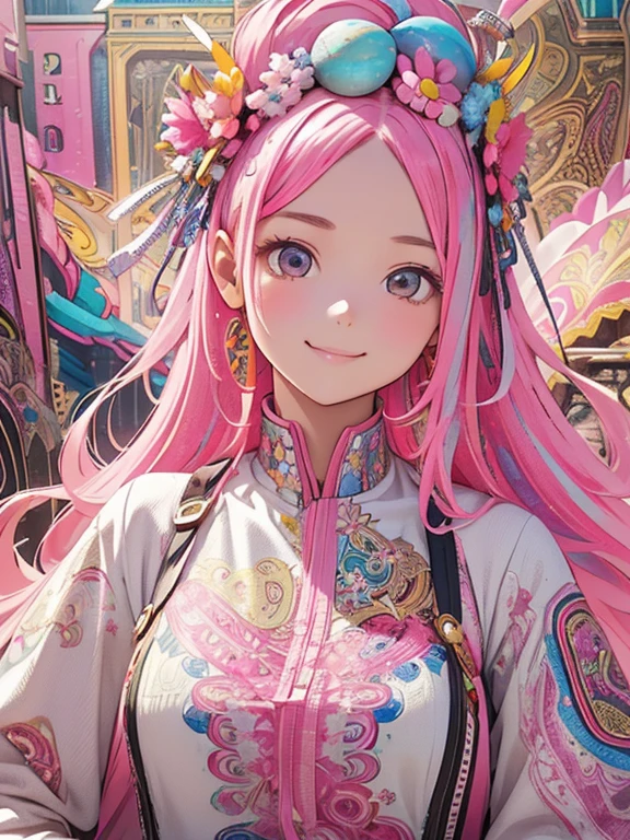 ((flowercrown),innocent smiles、eye glass、veranda、ancient city、(1 girl, Solo:1.6),(Cute smile),(Clothes are simple), (Best Impact:1.5), (maximalism:1.7), Vivid contrast, (Realistic), hyperrealistic illustrations, hight resolution, ultra-detailliert, absurderes,(Fractal Art:1.3)、Random hairstyle, pink hair color colorful、FULL BODYSHOT、Precise focus、randome pose、cinema4d、Drama