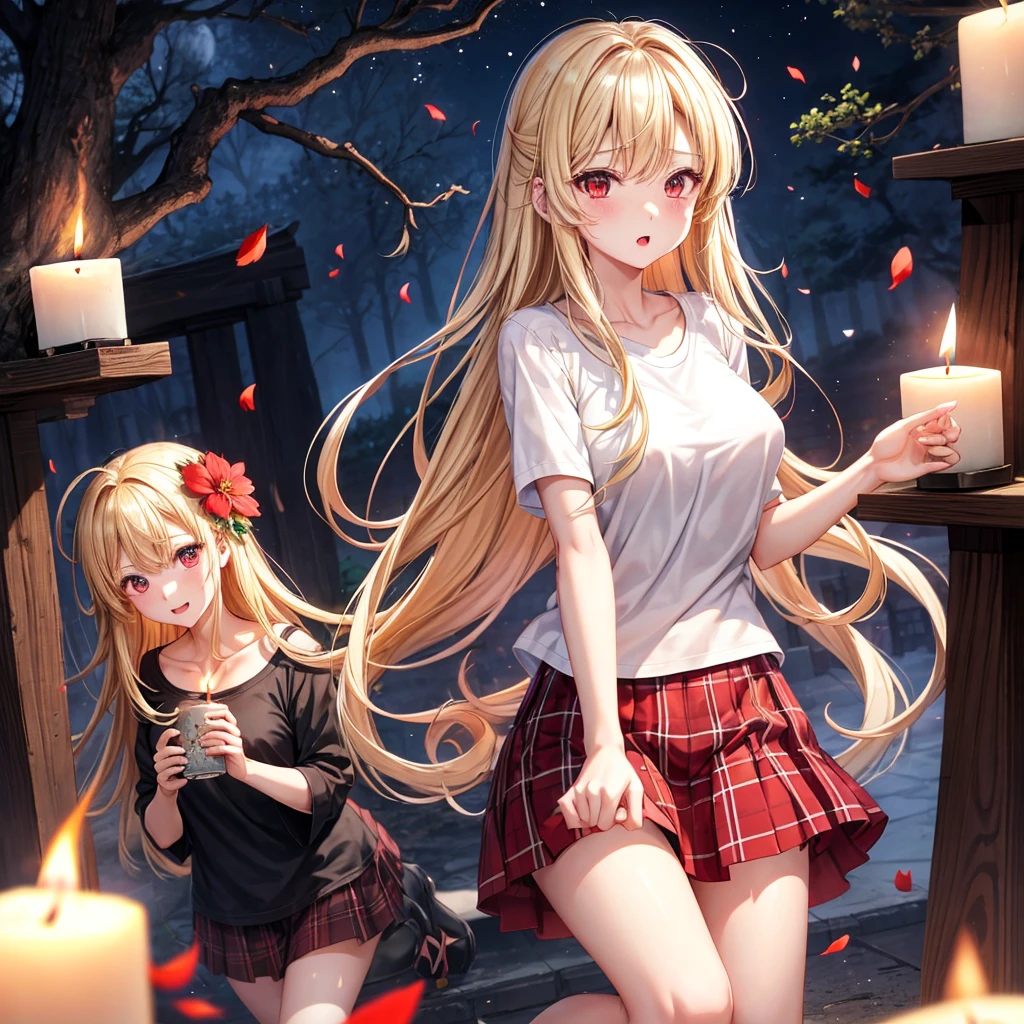 a blond、red eyes、one good looking girl、animesque、lightly dressed、Plaid miniskirt、flower petals、bare-legged、wetting hair、Black T-shirt、fullmoon、large tree、candle fire、fire flame