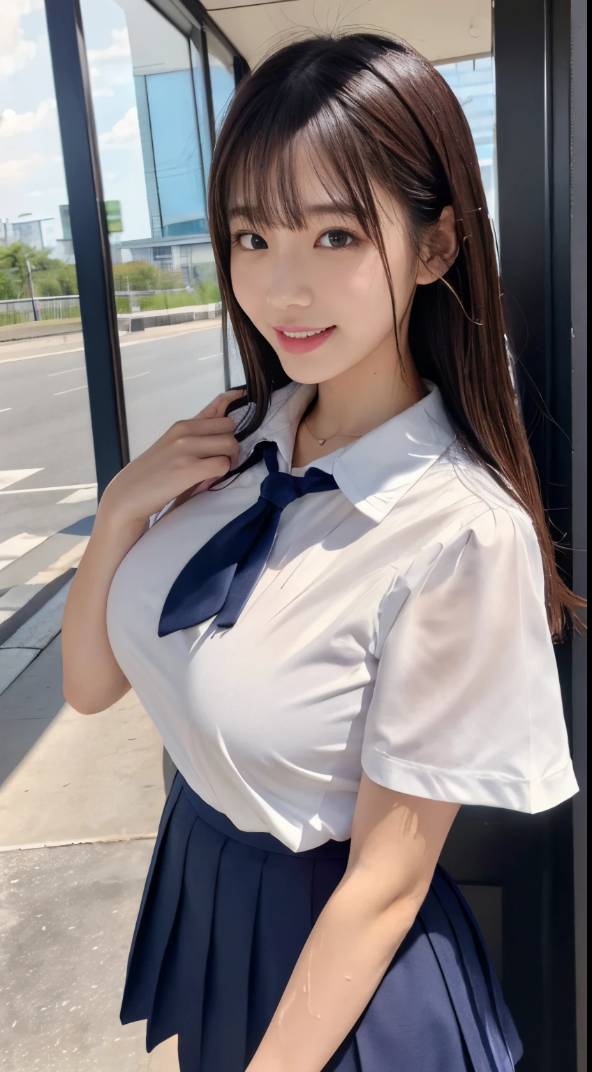 top-quality、Top image quality、​masterpiece、fully body photo、18yo woman、dark brown middle hair、bangss、((Schoolgirl Uniform)、White short-sleeved blouse)、 ((no-bra、Puffy nipple、clothes wet))、soft boob、Big breasts、Kamimei、 Shy laughter、dress room、Changing clothes、Looks Back、(Rub your chest with both hands)