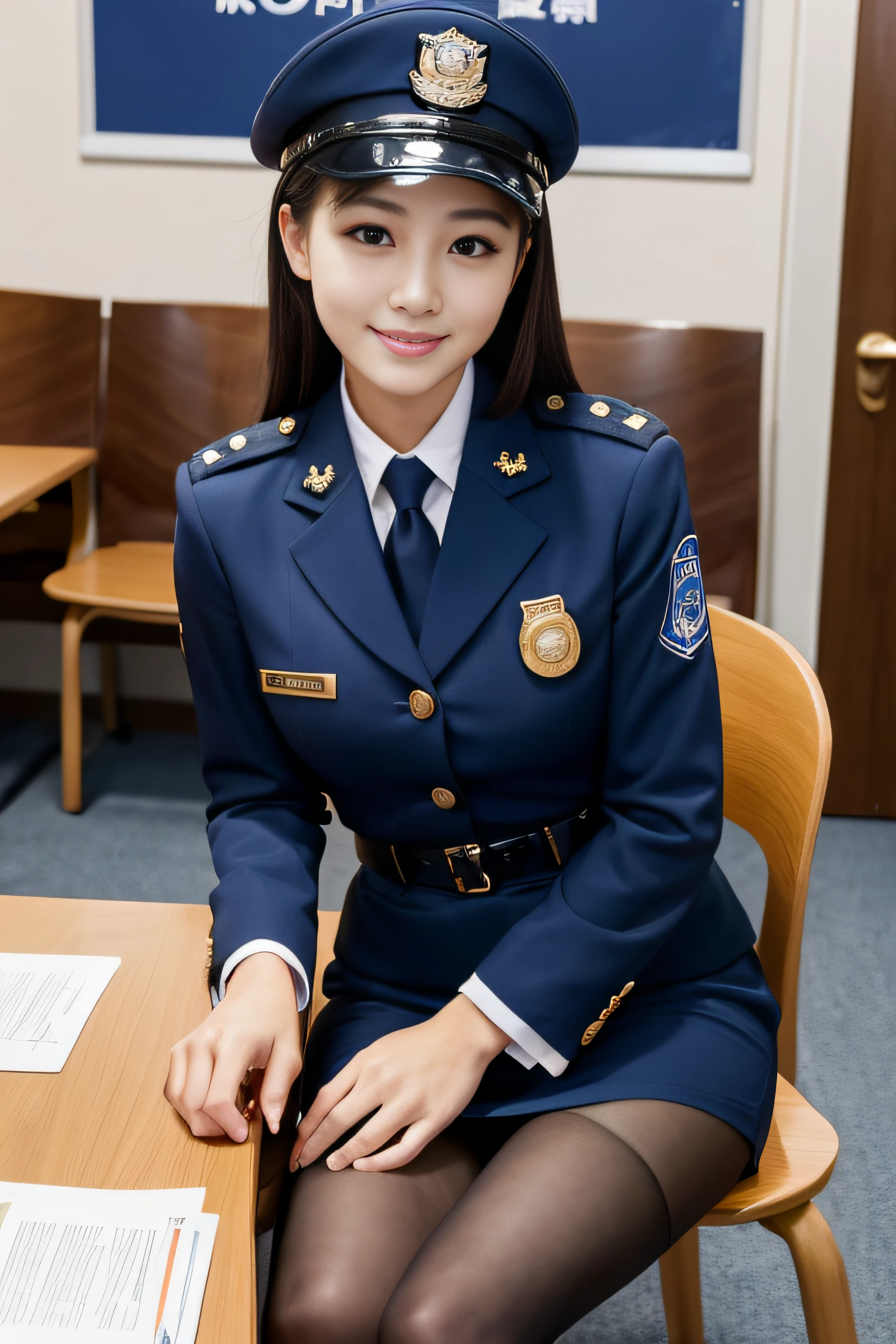 (8K、Raw photography、top-quality、masterpiece:1.2)、(realisitic、Photorealsitic:1.37)、ultra-detailliert、超A high resolution、1人、(beautifull detailed face、Golden Ratio Face、well-balanced eyes、二重まぶた,lipgloss)、Beautiful detailed skin、Skin Texture、Professional Lighting、Happy smile、View photographer、Uniformed women, tight skirts、Police uniform, officer, Kneel on the sidewalk in uniform, Blue Uniform, bobby、security agent
