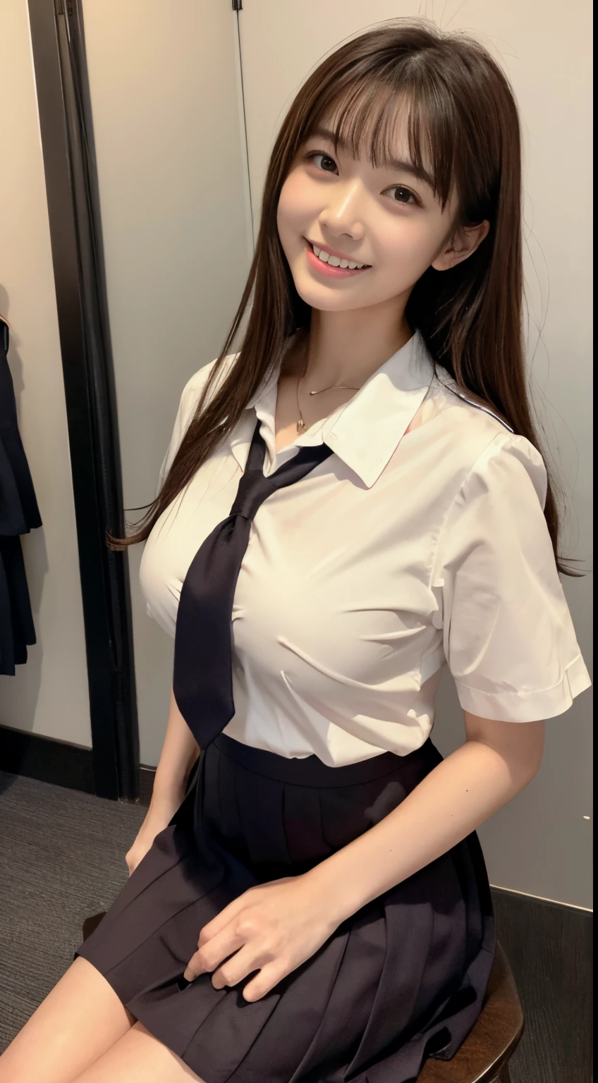 top-quality、Top image quality、​masterpiece、fully body photo、18yo woman、dark brown middle hair、bangss、((Schoolgirl Uniform)、White short-sleeved blouse)、 ((no-bra、Puffy nipple、))、soft boob、Big breasts、Kamimei、 Shy laughter、dress room、Changing clothes、Look back backwards、(Rub your chest with both hands)