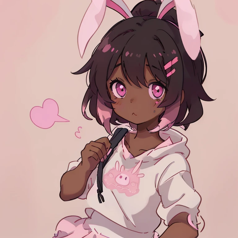 Girl with dark skin and medium black hair with a pink streak,pink eyes with a pink bunny ears accessory.