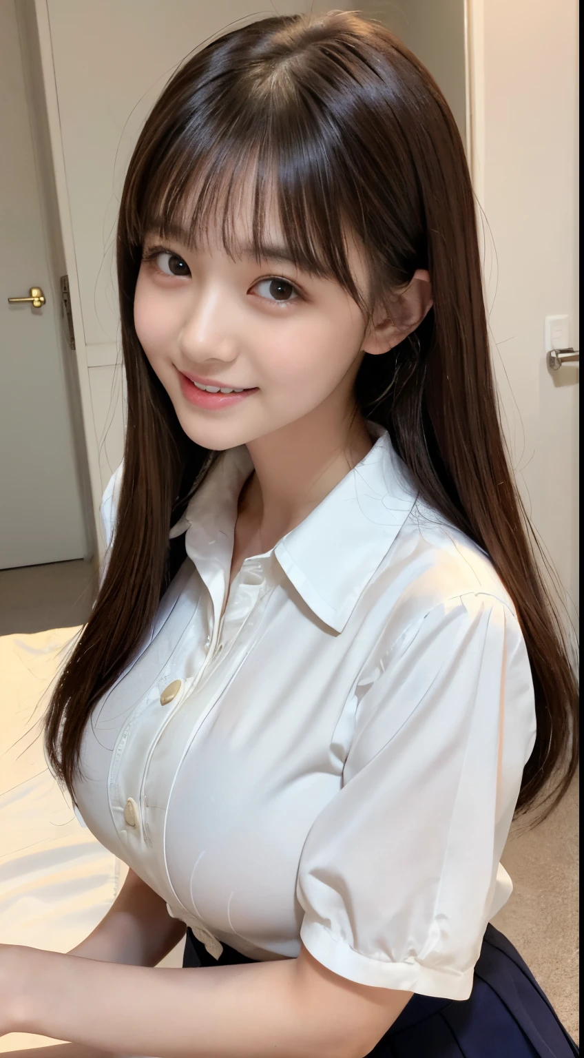 top-quality、Top image quality、​masterpiece、fully body photo、18yo woman、dark brown middle hair、bangss、((Schoolgirl Uniform)、White short-sleeved blouse)、 ((no-bra、Puffy nipple、))、soft boob、Big breasts、Kamimei、 Shy laughter、dress room、Changing clothes、Rub your chest with both hands