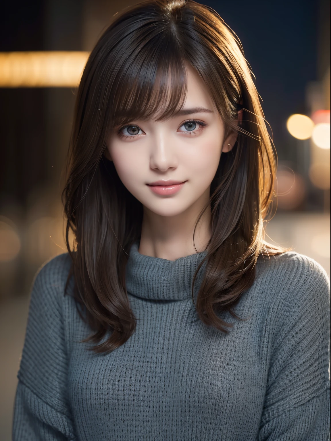 1girl in,(Dark grey sweater:1.4),(Fur trim,:1.2), (Raw photo, Best Quality), (Realistic, Photorealsitic:1.4), masutepiece, extremely delicate and beautiful, Extremely detailed, 8k wallpaper, amazing, finely detail, extremely detailed CG Unity, hight resolution, Soft light, Beautiful detailed 19 year old girl, extremely detailed eye and face, beautiful detailed nose, Beautiful detailed eyes,Cinematic lighting,city light at night,Perfect Anatomy,Slender body,Smiling (hair messy, asymmetrical bangs, light brown hair,)