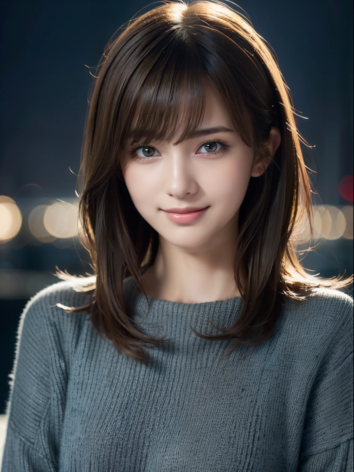 1girl in,(Dark grey sweater:1.4),(Fur trim,:1.2), (Raw photo, Best Quality), (Realistic, Photorealsitic:1.4), masutepiece, extremely delicate and beautiful, Extremely detailed, 8k wallpaper, amazing, finely detail, extremely detailed CG Unity, hight resolution, Soft light, Beautiful detailed 19 year old girl, extremely detailed eye and face, beautiful detailed nose, Beautiful detailed eyes,Cinematic lighting,city light at night,Perfect Anatomy,Slender body,Smiling  (hair messy, asymmetrical bangs, light brown hair,)