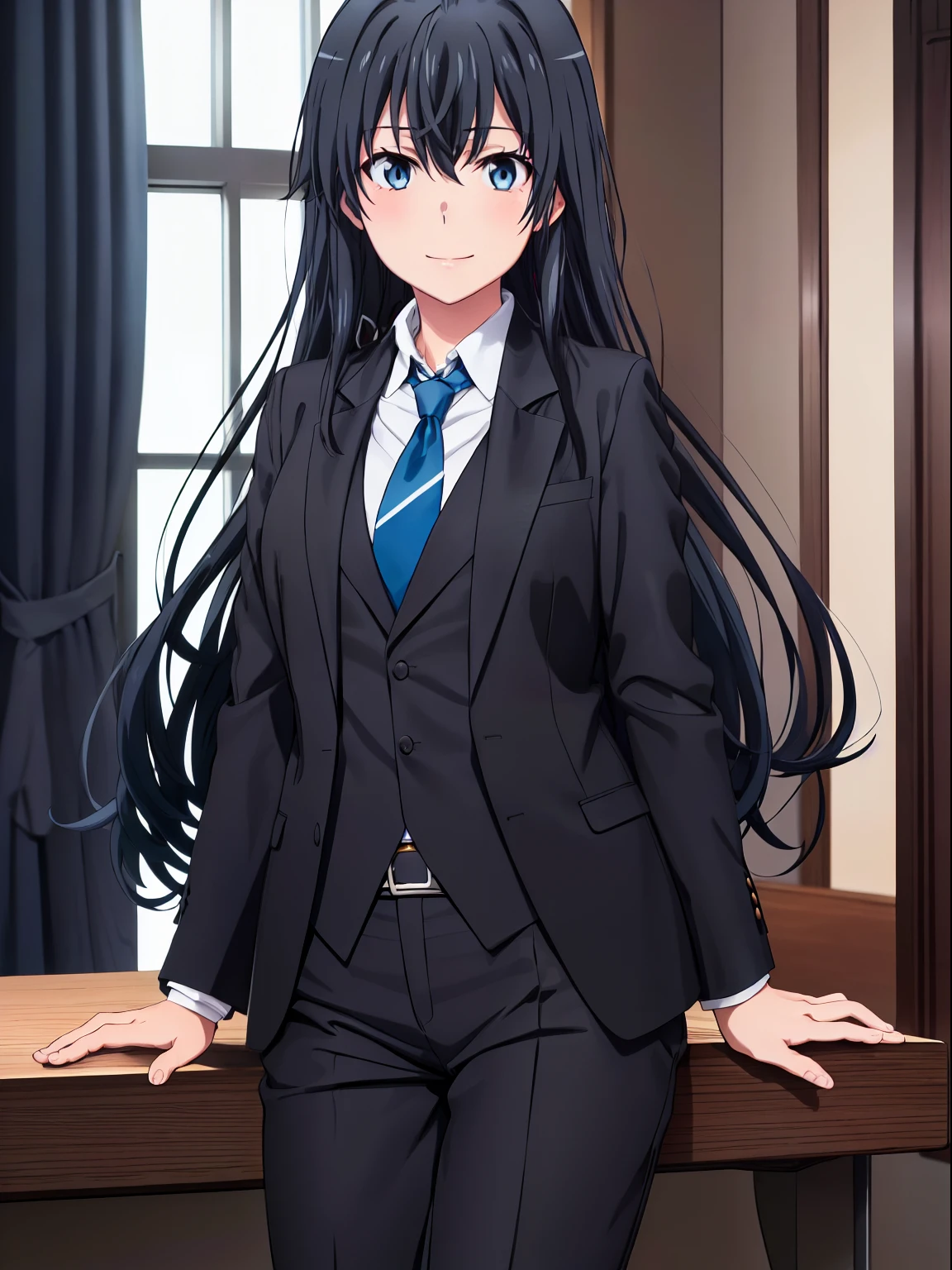 1GIRL , ,yukinoshita yukino ,yukinoshita yukino , woman in formal attractive suit tuxedo tailcoat standing in a large alcove in the room, 1girl, solo, necktie, black hair, blue eyes, long hair, smile, jacket, looking at viewer, shirt, pants, blue necktie, collared shirt, white pants, white shirt, indoors, bangs, long sleeves, closed mouth, window, black jacket, blush, cowboy shot, formal, suit