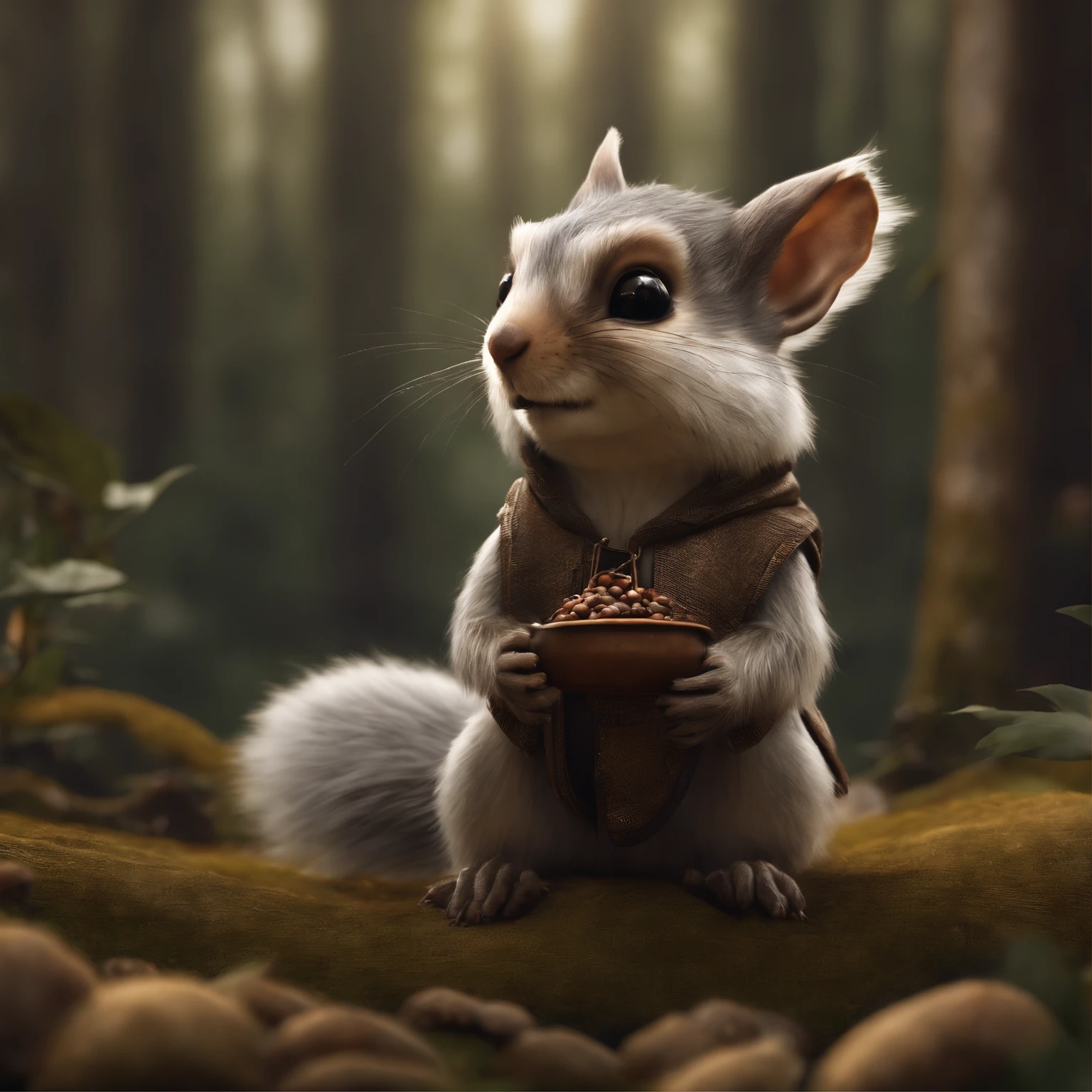 (CBZBB:1.25), ((gremlin),Zhkute, , Beautiful, Fantasy art, deviant art, trending artstation, Digital Art, Detailed, humanoid, character, tiny, Cinematic shot, cinematic portrait of a squirrel , wearing a tunic with a hood, dark fantasy style, fentezi, John Tolkien,gremlin, squirrel-like, bright silver and sob, long tail, Large tasseled ears, covered with silver fur, water, stands on the shore, Best Quality, Masterpiece, in style of dark fantasy art, gremlin, squirrel-like, bright silver and brown, long tail, double nose, huge ears with tassels, covered with silver fur, wear a brown vest, tousled, five toes on each paw, holding a huge acorn in his paws, I&#39;m standing in a forest clearing under the foliage of bast., acorns lie in the clearing, acorns glow, Crickets fly, Best Quality, Masterpiece, in style of dark fantasy art, fantasy-inspired, in the style of John Tolkien,