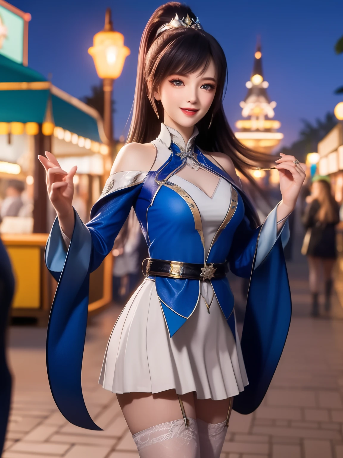 1girl, long hair, dress,hair ornament, cityscape, night, thighhighs, high collar,white skirt,ponytail, cowboy shot, long sleeves, belt,blue eyes,makeup,(best quality, masterpiece1.2), intricate detail, depth of field, 20 years old girl, off shoulder, night, festival, Amusement parks, pov, smile, standing, Excited, hi