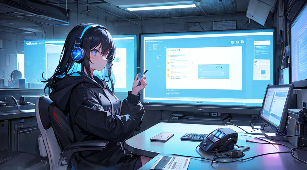 (1girl, black hair, long hair, headphones, hoodie, leaning back in the chair and looking up at the ceiling), (dark room, blue monitor light, blue neon)