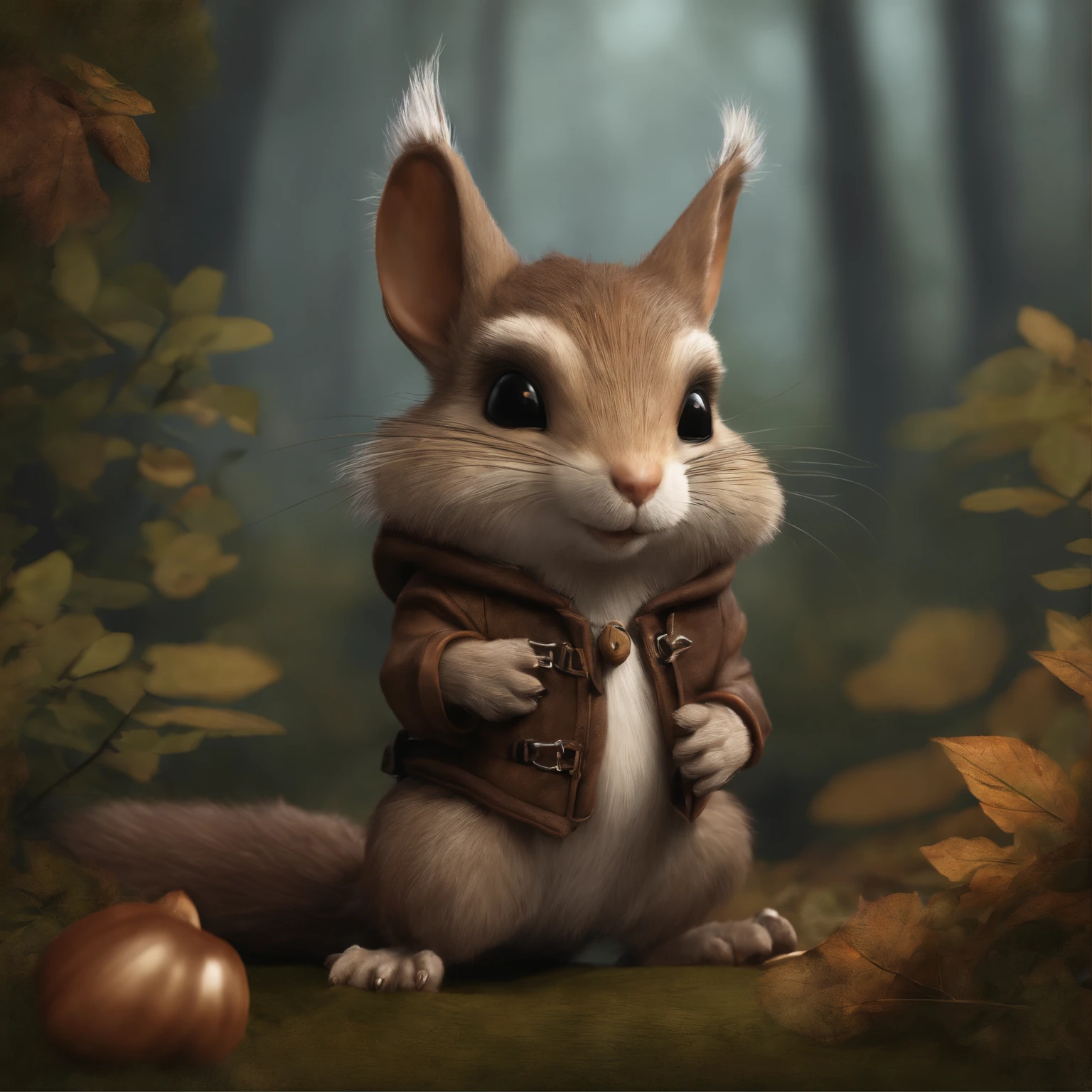 (CBZBB:1.25), ((gremlin),Zhkute, , Beautiful, Fantasy art, deviant art, trending artstation, Digital Art, Detailed, Realistic, humanoid, character, tiny, Cinematic shot, cinematic portrait of a fantasy cartoon squirrel , wearing a vest with a hood, gremlin, squirrel-like , wearing a vest with a hood, bright silver and sob, long tail, Large tasseled ears, covered with silver fur, water, stands on the shore, Best Quality, Masterpiece, in style of dark fantasy art, gremlin, squirrel-like, bright silver and brown, long tail, double nose, huge ears with tassels, covered with silver fur, wear a brown vest, tousled, five toes on each paw, holding a huge acorn in his paws, I'm standing in a forest clearing under the foliage of bast., acorns lie in the clearing, acorns glow, Crickets fly, Best Quality, Masterpiece, in style of dark fantasy art, fantasy-inspired, in the style of John Tolkien,