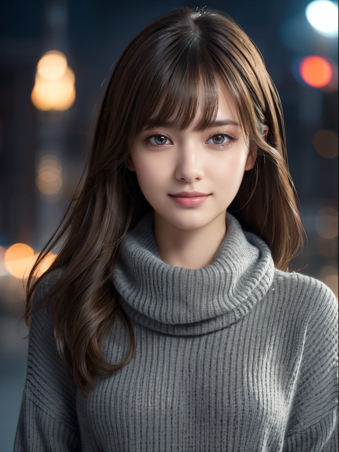 1girl in,(Dark grey sweater:1.4),(wears a large muffler around his neck:1.2), (Raw photo, Best Quality), (Realistic, Photorealsitic:1.4), masutepiece, extremely delicate and beautiful, Extremely detailed, 8k wallpaper, amazing, finely detail, extremely detailed CG Unity, hight resolution, Soft light, Beautiful detailed 19 year old girl, extremely detailed eye and face, beautiful detailed nose, Beautiful detailed eyes,Cinematic lighting,city light at night,Perfect Anatomy,Slender body,Smiling  (hair messy, asymmetrical bangs, light brown hair,)