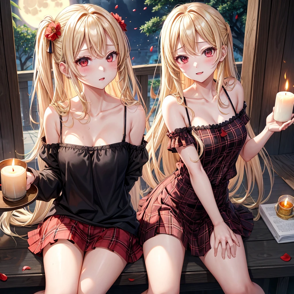 a blond、red eyes、one good looking girl、animesque、lightly dressed、Plaid miniskirt、flower petals、bare-legged、wetting hair、Black camisole、fullmoon、large tree、candle fire、fire flame