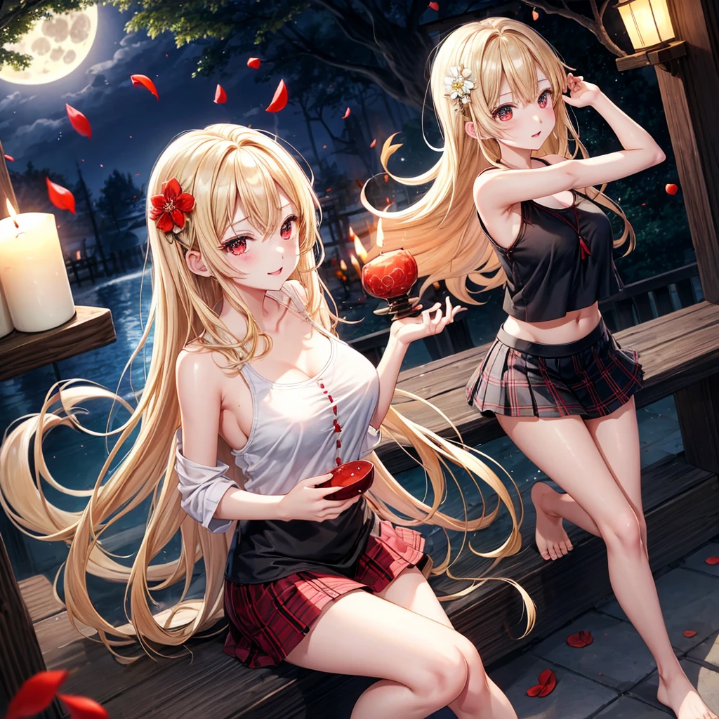 a blond、red eyes、one good looking girl、animesque、lightly dressed、Plaid miniskirt、flower petals、bare-legged、wetting hair、Black camisole、fullmoon、large tree、candle fire、fire flame
