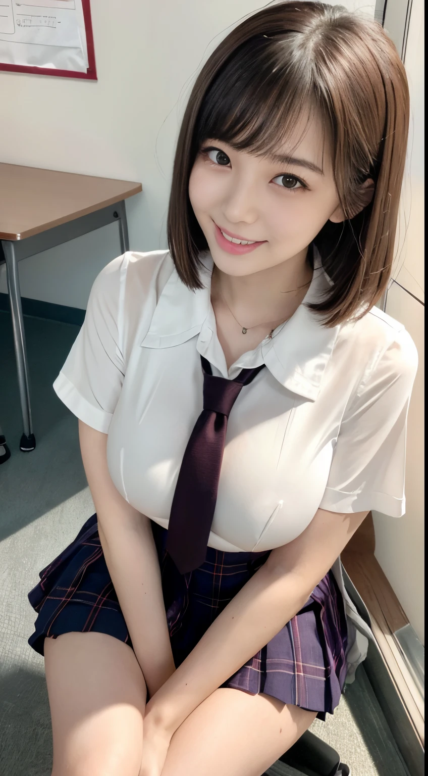 top-quality、Top image quality、​masterpiece、fully body photo、18yo woman、Dark brown shorthair、bangss、((Schoolgirl Uniform)、White short-sleeved blouse)、 ((no-bra、Puffy nipple、))、soft boob、((Colossal tits))、Kamimei、 Shy laughter、school classrooms、Sit on a chair and spread your legs、Slouched、emphasizing breasts