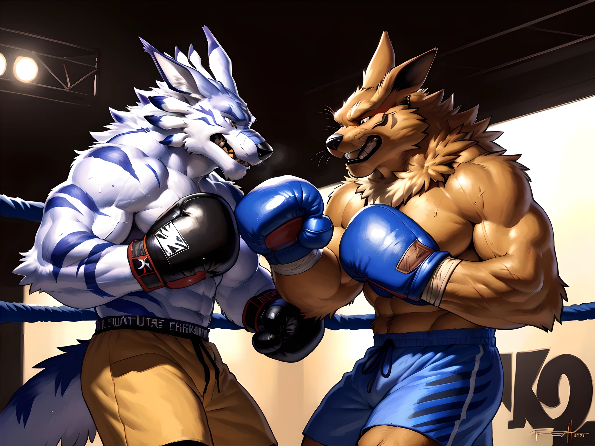 (ultra quality):1.4, color, smooth comics style, (by takemoto arashi, by meesh, by Taran Fiddler), two characters, detailed kurama:1.1, detailed weregarurumon:1.1, kurama and weregarurumon boxing, muscular, athletic build, correct anatomy, anime martial arts, sweat, strong, masculine, boxing ring, fighting scene, boxing clinch, wearing boxing gloves, detailed boxing gloves, correct boxing gloves, boxing trunks, thick vascular veins:1.1