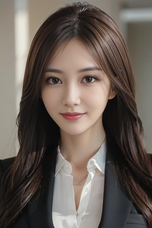 masutepiece, Best Quality, Photorealistic, Ultra-detailed, finely detail, High resolution, 8K Wallpaper, 1 beautiful woman,, light brown messy hair, in a business suit, foco nítido, Perfect dynamic composition, Beautiful detailed eyes, detailed hairs, Detailed realistic skin texture, Smiling, Close-up portrait, Model body type