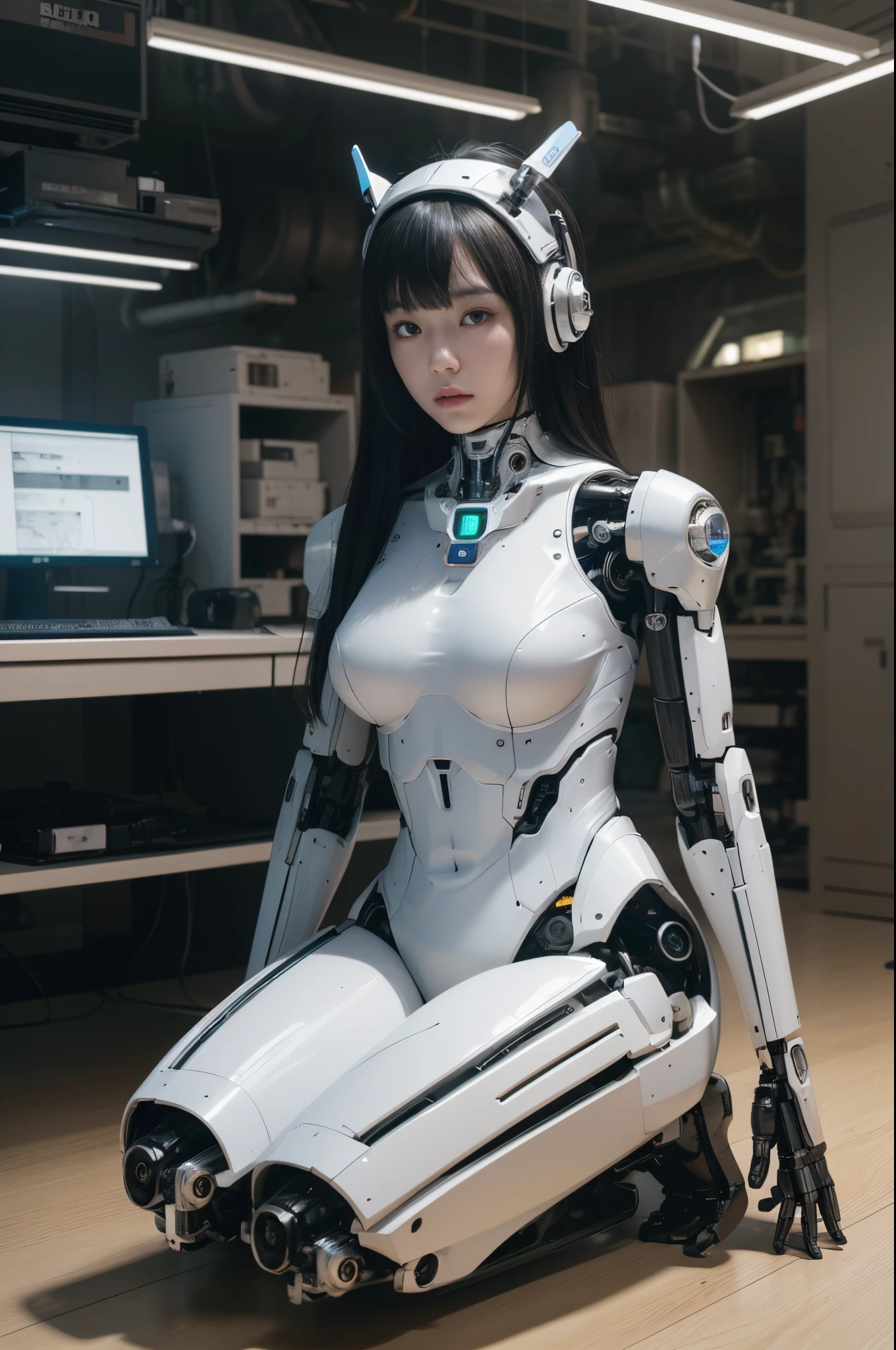 masterpiece, best quality, extremely detailed, (photorealistic:1.4), (RAW photo) (RAW photo) (8K, 4K, Best Quality, hight resolution, 超A high resolution:1.1), (masutepiece, Realistic, Photorealsitic:1.1), 1girl in, Japaese Cyborg girl,Plump , control panels,android,Droid,Mechanical Hand, Robot arms and legs, Black Robot Parts,Black hair,Mechanical body,Blunt bangs,White robotics parts,perfect robot girl,future laboratory,cyber pank,charging spot,laboratory,long tube,thick cable connected her neck,ceramic body ,mechanical body, ear antenna,mechanical ear cover, leggings,mechanical costume,android,robot,humanoid,cyborg,japanese teenager android ,mechanical chest,she has been repaired,