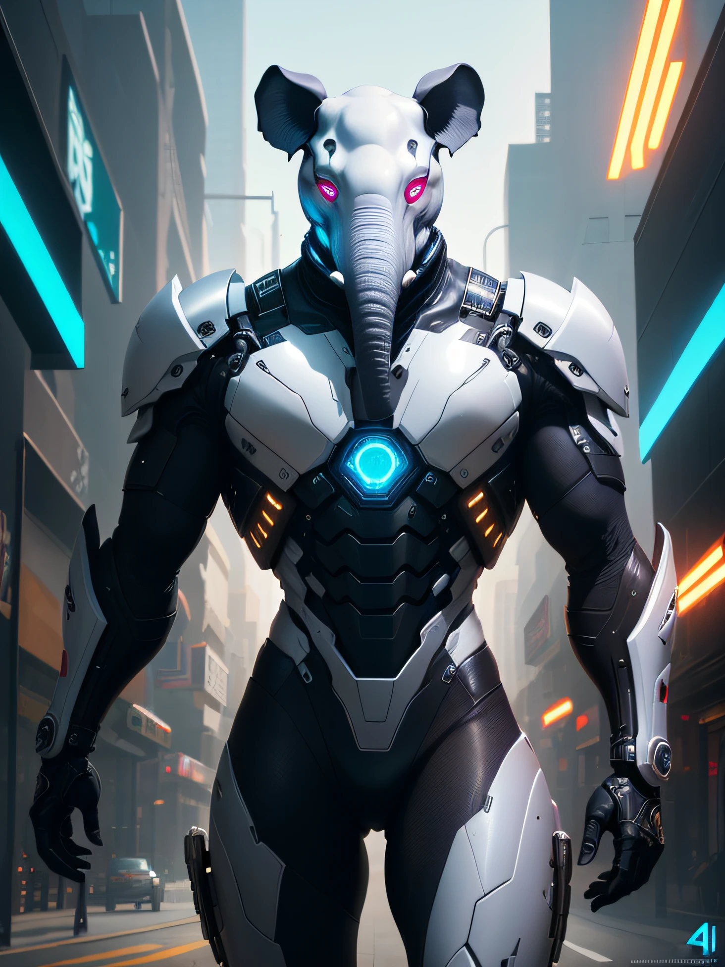 oscuro_fantasy,cyberpunk, (La mejor calidad, Obra maestra),Blanco,1persona,Mechanical miracle,Real Elephant Face Robotic Presence,Cybernetic guardian,Wear a cyber jacket, Futurista de Marvel, (ciborg), elefante, Ciudad, highest quality digital art, Arte impresionante, Fondos de pantalla 4k, Alto detalle, Zona de guerra, negro & Blanco, highest quality digital art, Arte impresionante, 4k,8k,64k, Fondos de pantalla HD, Obra maestra inmejorable, dynamic  lighting, Kinematic, epopeya, Damaged mechanical parts
