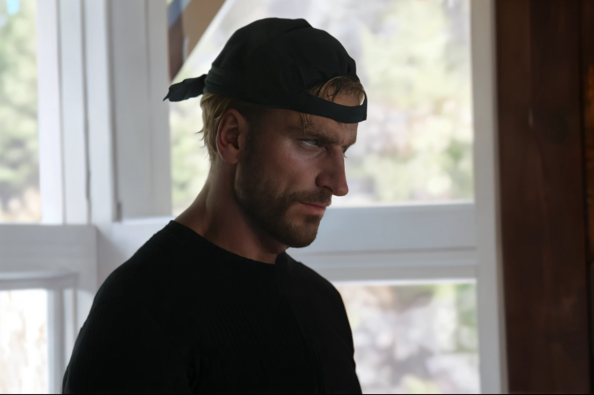 there is a man with a blindfold on his head looking at a cell phone, looking to the side off camera, movie still of a tired, production still, igla movie shot, photo of a man, lost in thought, a photo of a man, lit from the side, deep in thought, looking to his left, felix englund, looking to his side