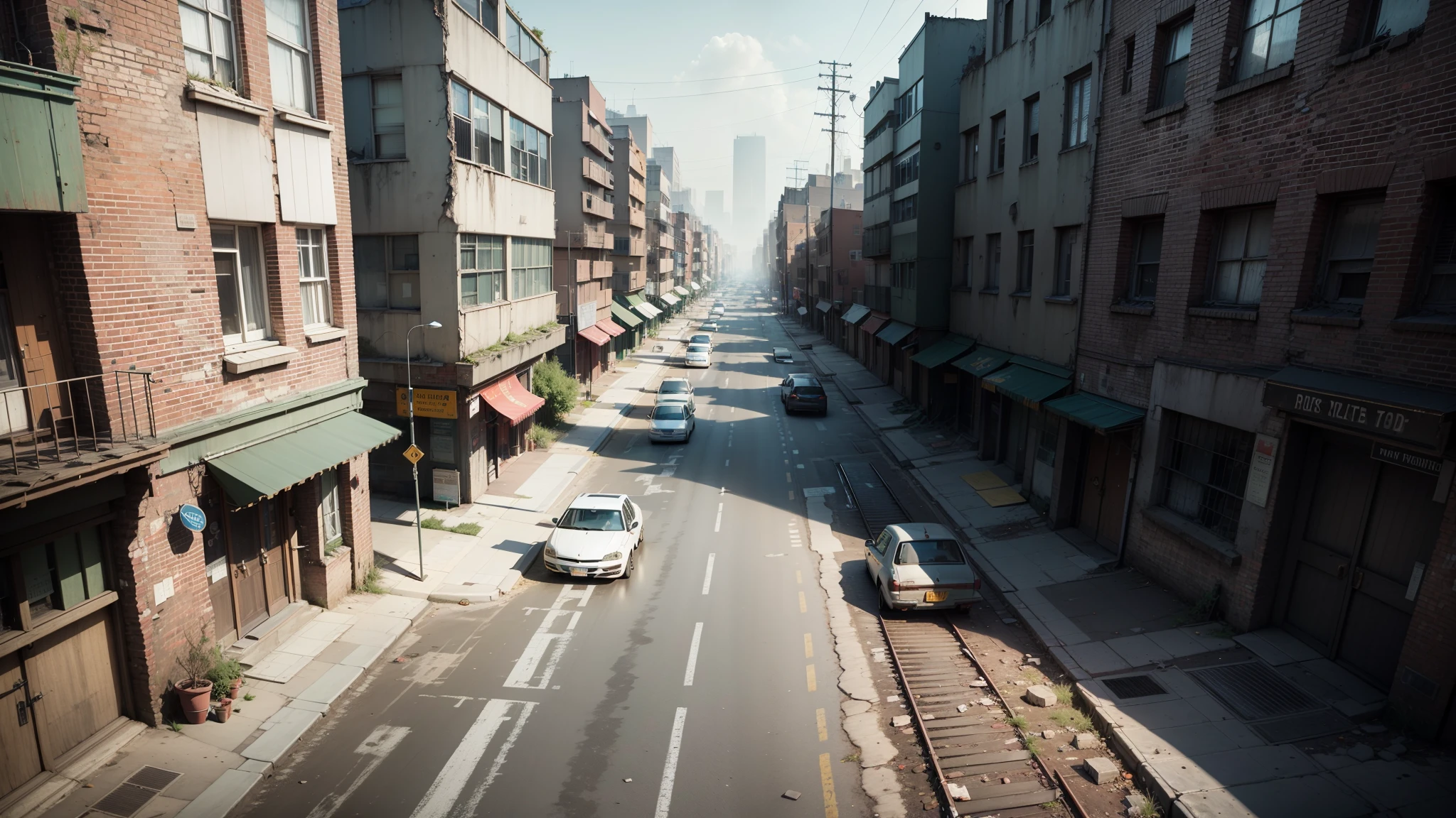 Fantasy, excitement and suspense, personality: [The opening showcases a wide aerial view of the desolate city landscape. The streets are empty, buildings are crumbling, and there is an eerie atmosphere. The camera slowly pans across the scene, capturing the sense of abandonment and despair. The color palette is washed out, with muted tones emphasizing the bleakness of the environment. The shot conveys a feeling of mystery and sets the stage for the adventure to come.] unreal engine, hyper real --auto --s2