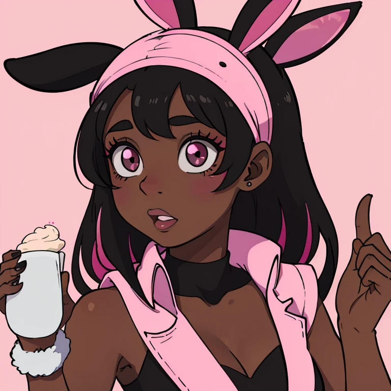 Garota de pele negra, black and medium hair with pink highlights,olhos da cor rosa,with furry pink bunny ears accessories.
