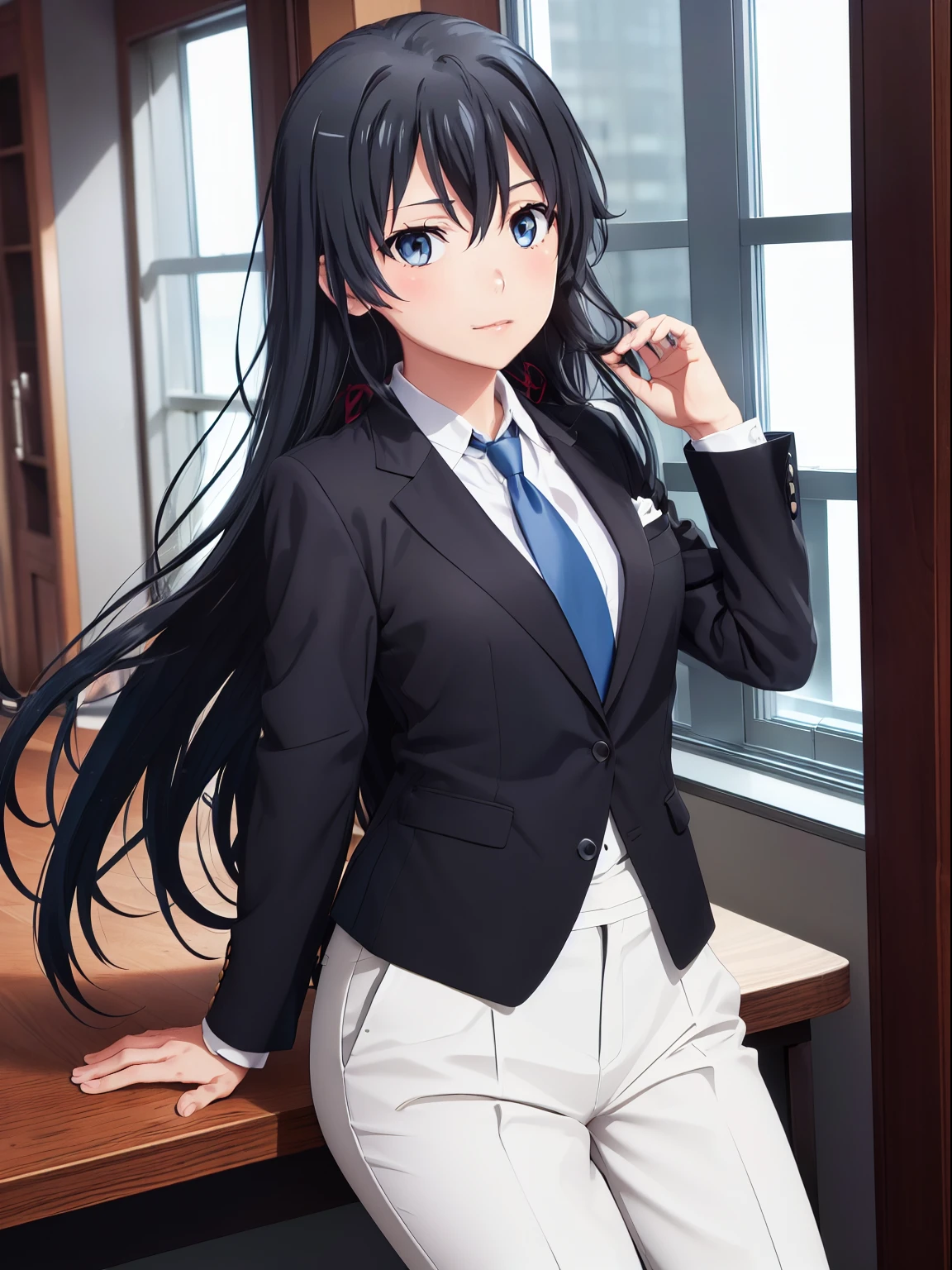 1GIRL , ,yukinoshita yukino ,yukinoshita yukino , woman in formal attractive suit tuxedo tailcoat standing in a large alcove in the room, 1girl, solo, necktie, black hair, blue eyes, long hair, smile, jacket, looking at viewer, shirt, pants, blue necktie, collared shirt, white pants, white shirt, indoors, bangs, long sleeves, closed mouth, window, black jacket, blush, cowboy shot, formal, suit