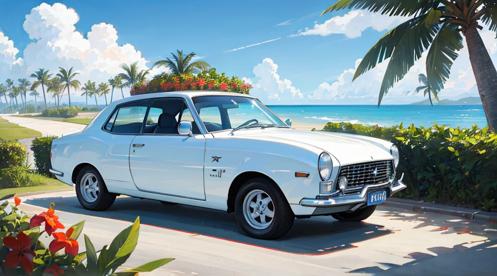 summer sky, seaside, palm tree, white classic car